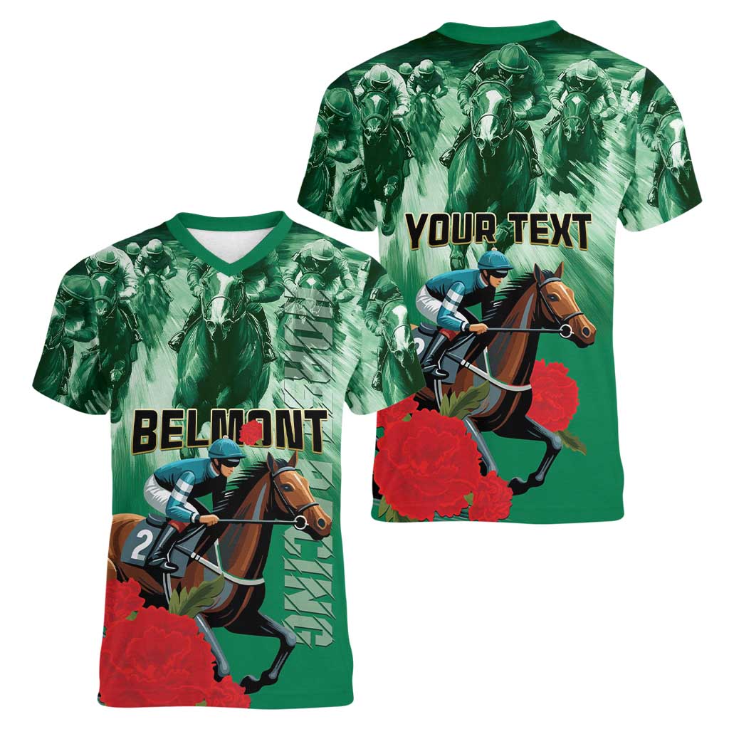 Personalized Belmont Horse Racing Women V-Neck T-Shirt Run for the Carnations