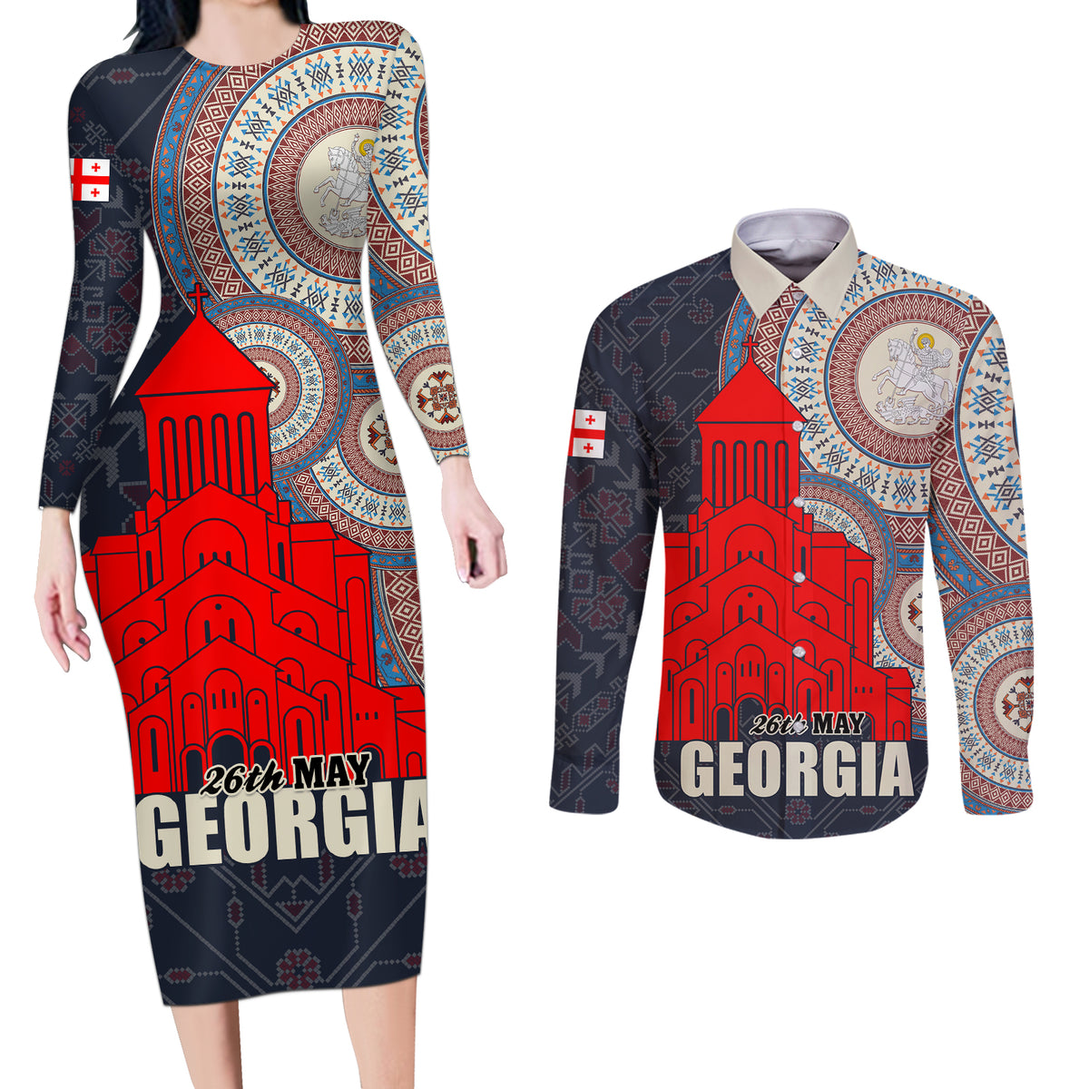 Georgia Independence Day Couples Matching Long Sleeve Bodycon Dress and Long Sleeve Button Shirt Holy Trinity Cathedral of Tbilisi - Wonder Print Shop