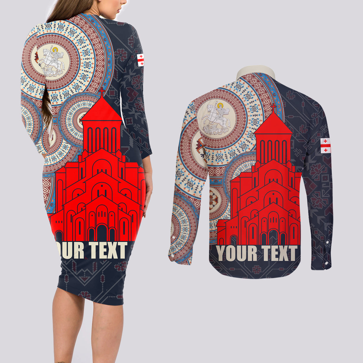 Georgia Independence Day Couples Matching Long Sleeve Bodycon Dress and Long Sleeve Button Shirt Holy Trinity Cathedral of Tbilisi - Wonder Print Shop