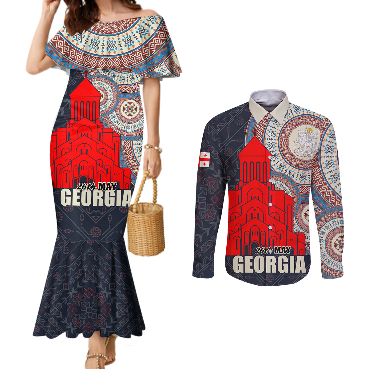 Georgia Independence Day Couples Matching Mermaid Dress and Long Sleeve Button Shirt Holy Trinity Cathedral of Tbilisi