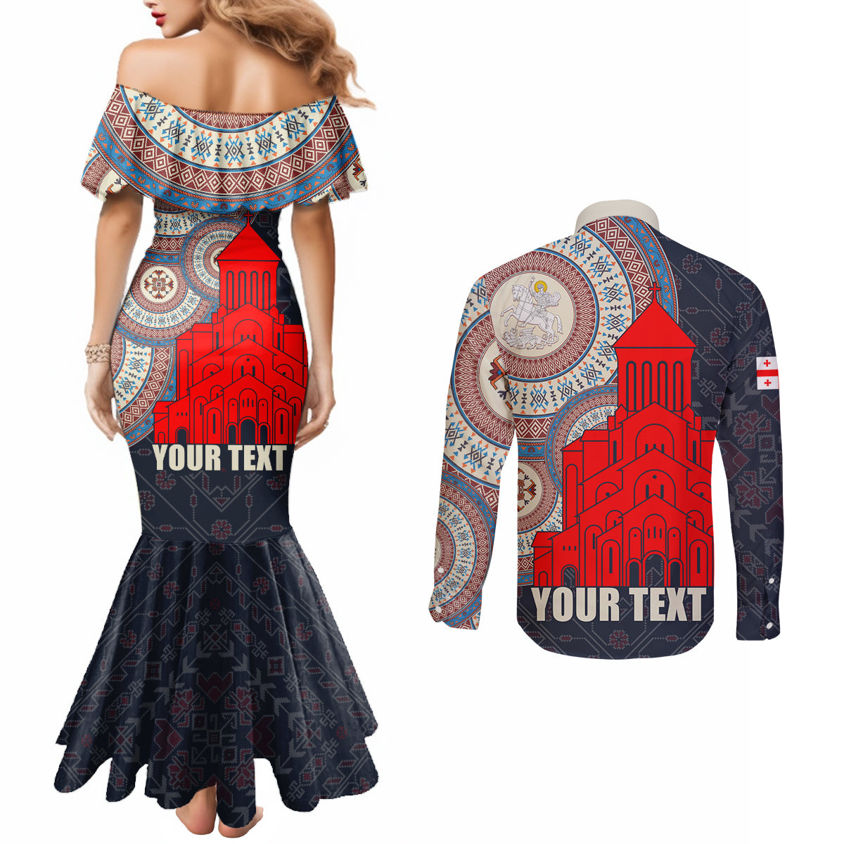 Georgia Independence Day Couples Matching Mermaid Dress and Long Sleeve Button Shirt Holy Trinity Cathedral of Tbilisi