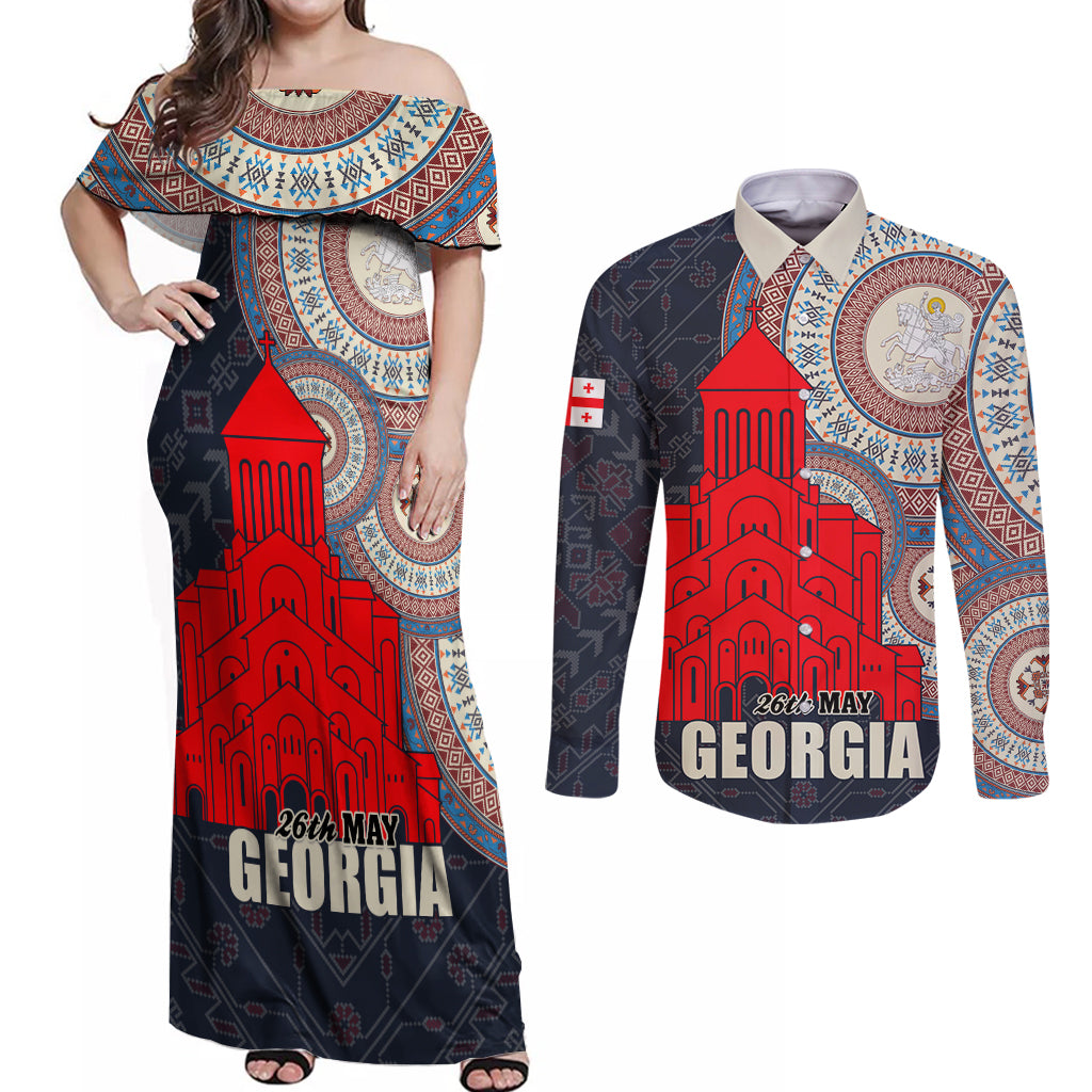 Georgia Independence Day Couples Matching Off Shoulder Maxi Dress and Long Sleeve Button Shirt Holy Trinity Cathedral of Tbilisi - Wonder Print Shop