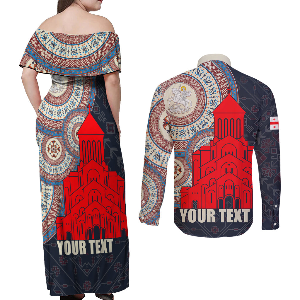 Georgia Independence Day Couples Matching Off Shoulder Maxi Dress and Long Sleeve Button Shirt Holy Trinity Cathedral of Tbilisi - Wonder Print Shop