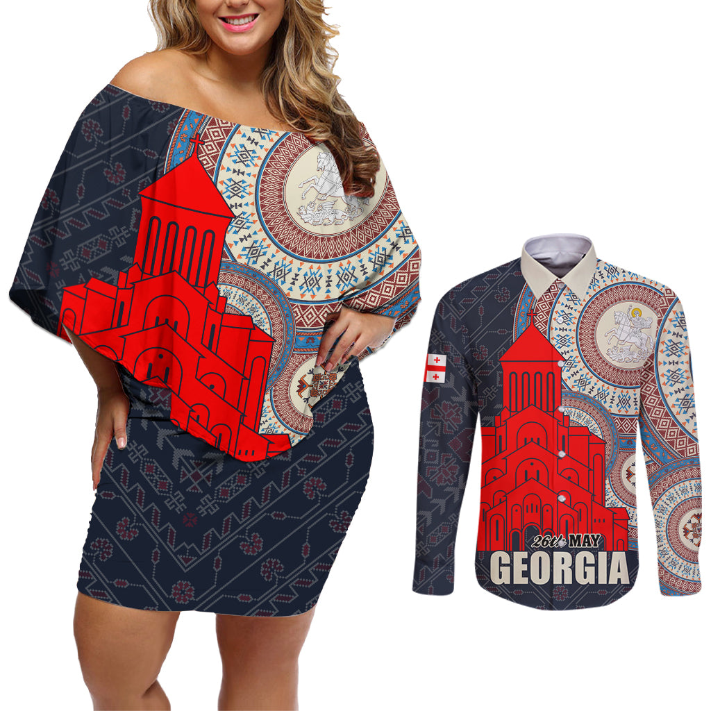 Georgia Independence Day Couples Matching Off Shoulder Short Dress and Long Sleeve Button Shirt Holy Trinity Cathedral of Tbilisi - Wonder Print Shop