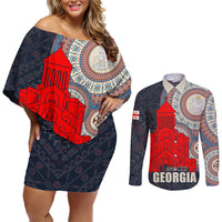 Georgia Independence Day Couples Matching Off Shoulder Short Dress and Long Sleeve Button Shirt Holy Trinity Cathedral of Tbilisi - Wonder Print Shop