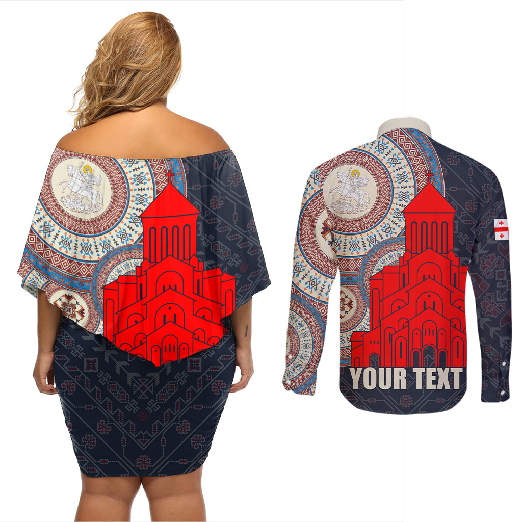 Georgia Independence Day Couples Matching Off Shoulder Short Dress and Long Sleeve Button Shirt Holy Trinity Cathedral of Tbilisi - Wonder Print Shop
