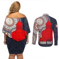 Georgia Independence Day Couples Matching Off Shoulder Short Dress and Long Sleeve Button Shirt Holy Trinity Cathedral of Tbilisi - Wonder Print Shop