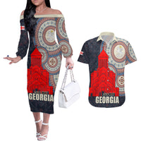 Georgia Independence Day Couples Matching Off The Shoulder Long Sleeve Dress and Hawaiian Shirt Holy Trinity Cathedral of Tbilisi - Wonder Print Shop