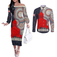 Georgia Independence Day Couples Matching Off The Shoulder Long Sleeve Dress and Long Sleeve Button Shirt Holy Trinity Cathedral of Tbilisi