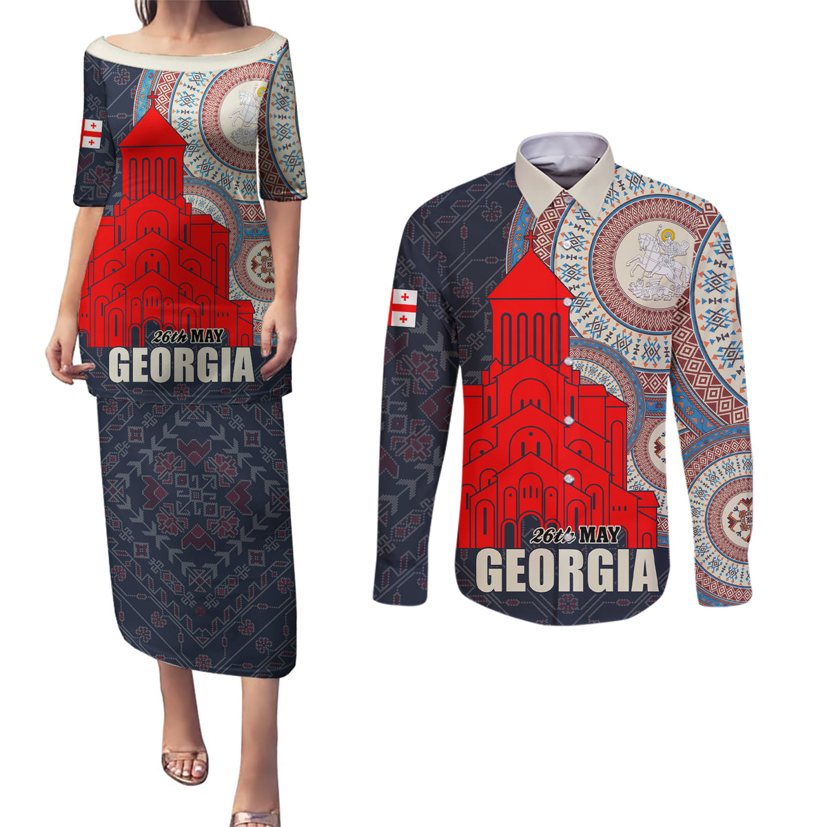 Georgia Independence Day Couples Matching Puletasi and Long Sleeve Button Shirt Holy Trinity Cathedral of Tbilisi - Wonder Print Shop