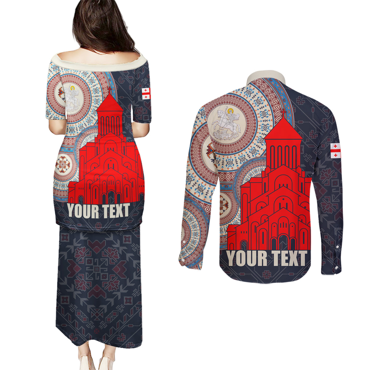 Georgia Independence Day Couples Matching Puletasi and Long Sleeve Button Shirt Holy Trinity Cathedral of Tbilisi - Wonder Print Shop