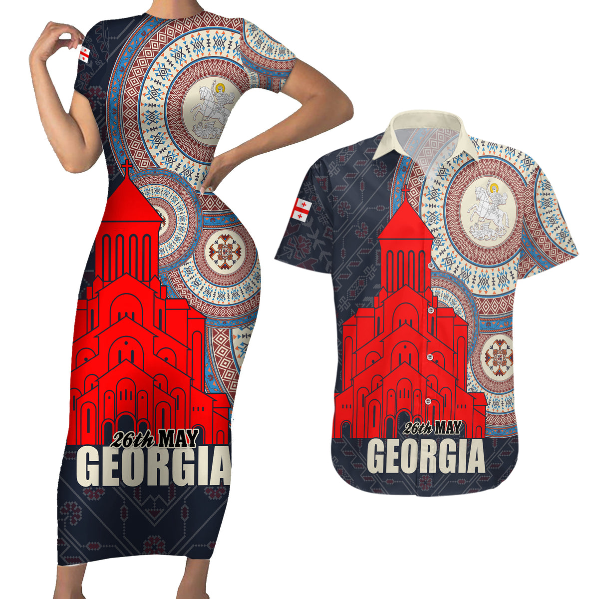 Georgia Independence Day Couples Matching Short Sleeve Bodycon Dress and Hawaiian Shirt Holy Trinity Cathedral of Tbilisi - Wonder Print Shop
