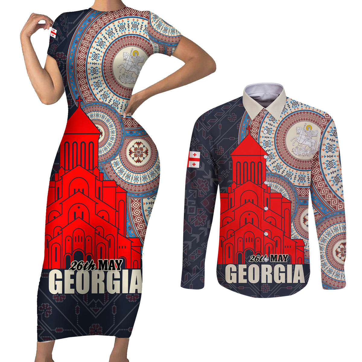 Georgia Independence Day Couples Matching Short Sleeve Bodycon Dress and Long Sleeve Button Shirt Holy Trinity Cathedral of Tbilisi - Wonder Print Shop