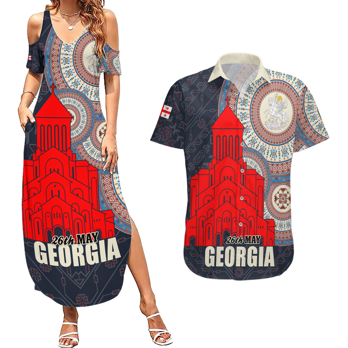 Georgia Independence Day Couples Matching Summer Maxi Dress and Hawaiian Shirt Holy Trinity Cathedral of Tbilisi - Wonder Print Shop