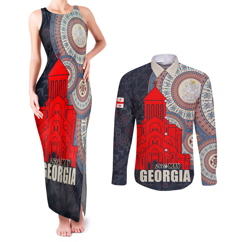 Georgia Independence Day Couples Matching Tank Maxi Dress and Long Sleeve Button Shirt Holy Trinity Cathedral of Tbilisi - Wonder Print Shop