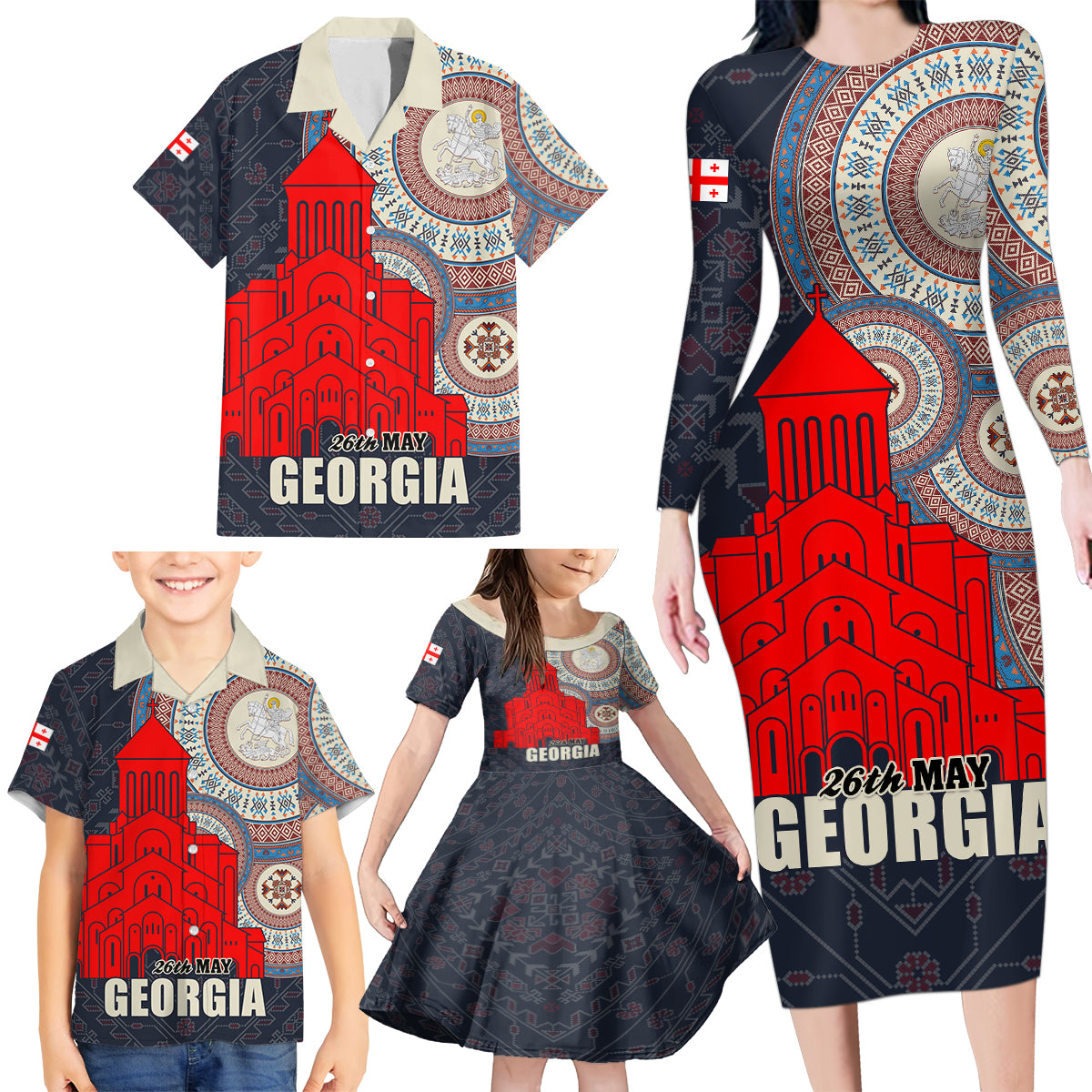 Georgia Independence Day Family Matching Long Sleeve Bodycon Dress and Hawaiian Shirt Holy Trinity Cathedral of Tbilisi - Wonder Print Shop