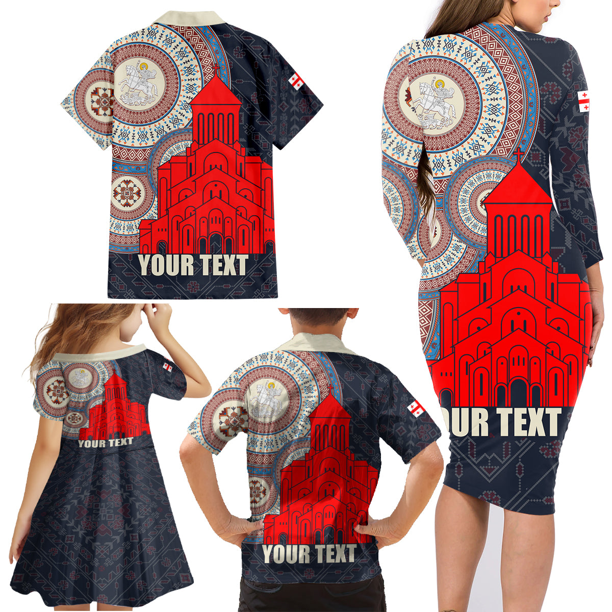 Georgia Independence Day Family Matching Long Sleeve Bodycon Dress and Hawaiian Shirt Holy Trinity Cathedral of Tbilisi - Wonder Print Shop