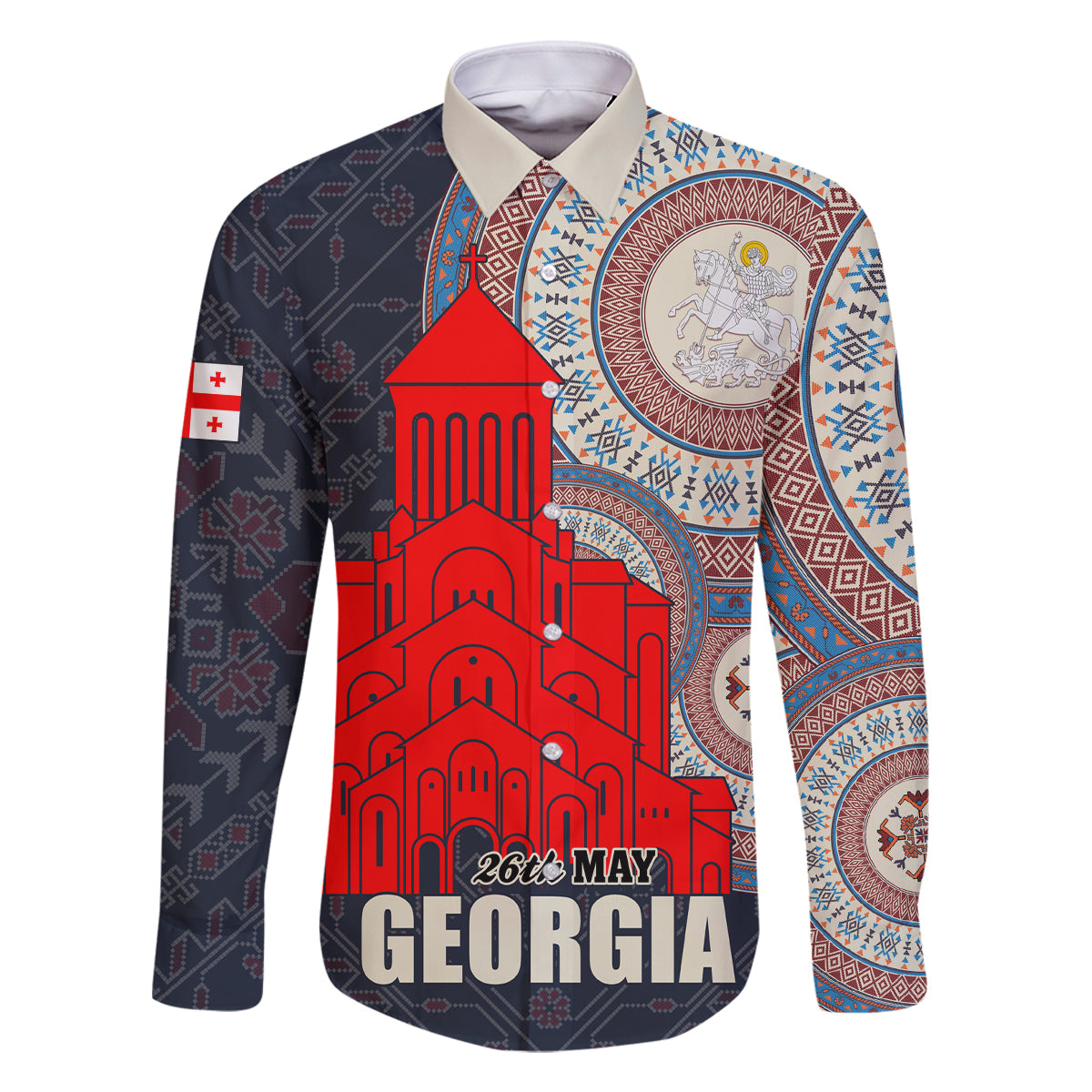 Georgia Independence Day Family Matching Long Sleeve Bodycon Dress and Hawaiian Shirt Holy Trinity Cathedral of Tbilisi - Wonder Print Shop