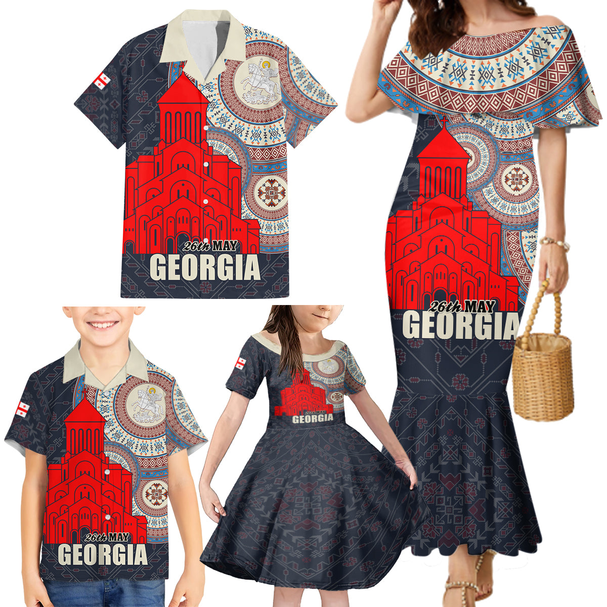 Georgia Independence Day Family Matching Mermaid Dress and Hawaiian Shirt Holy Trinity Cathedral of Tbilisi - Wonder Print Shop