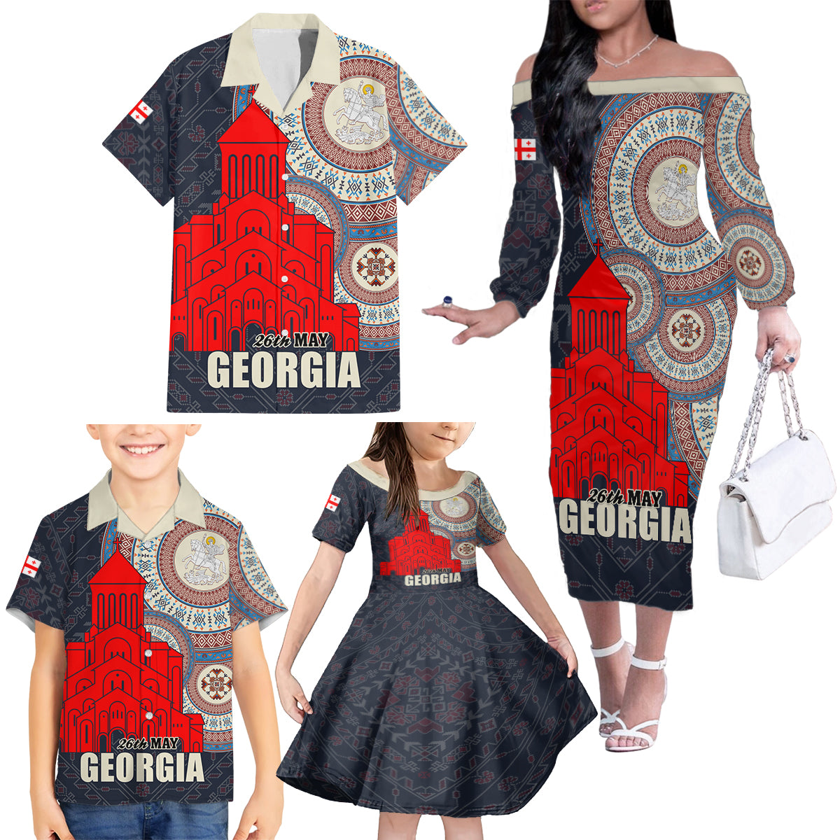 Georgia Independence Day Family Matching Off The Shoulder Long Sleeve Dress and Hawaiian Shirt Holy Trinity Cathedral of Tbilisi - Wonder Print Shop