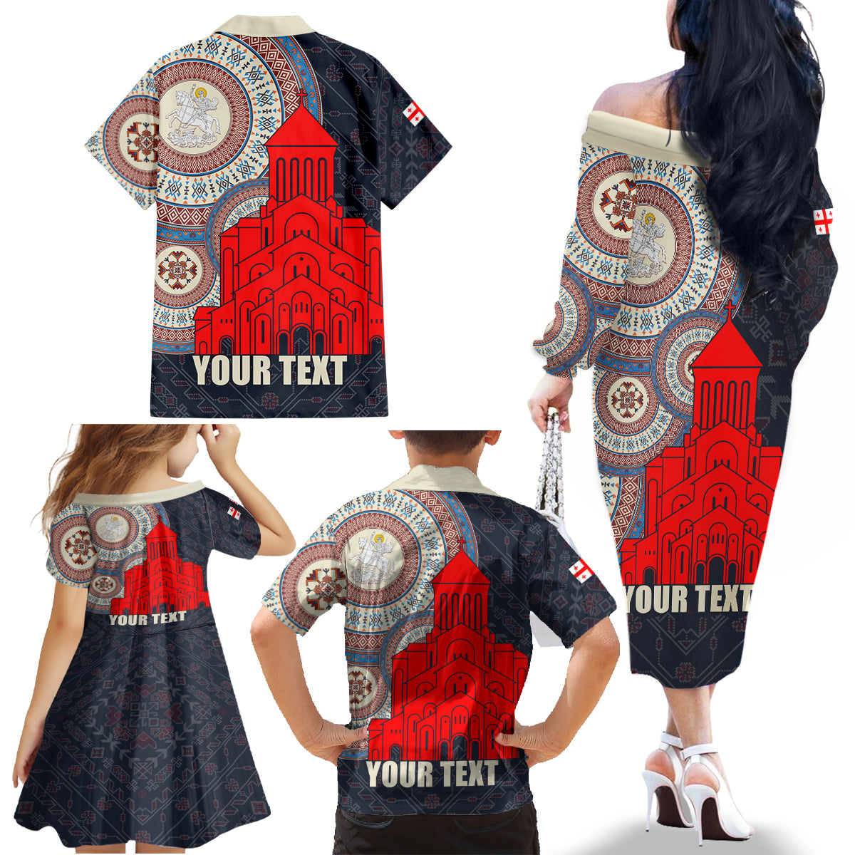 Georgia Independence Day Family Matching Off The Shoulder Long Sleeve Dress and Hawaiian Shirt Holy Trinity Cathedral of Tbilisi - Wonder Print Shop