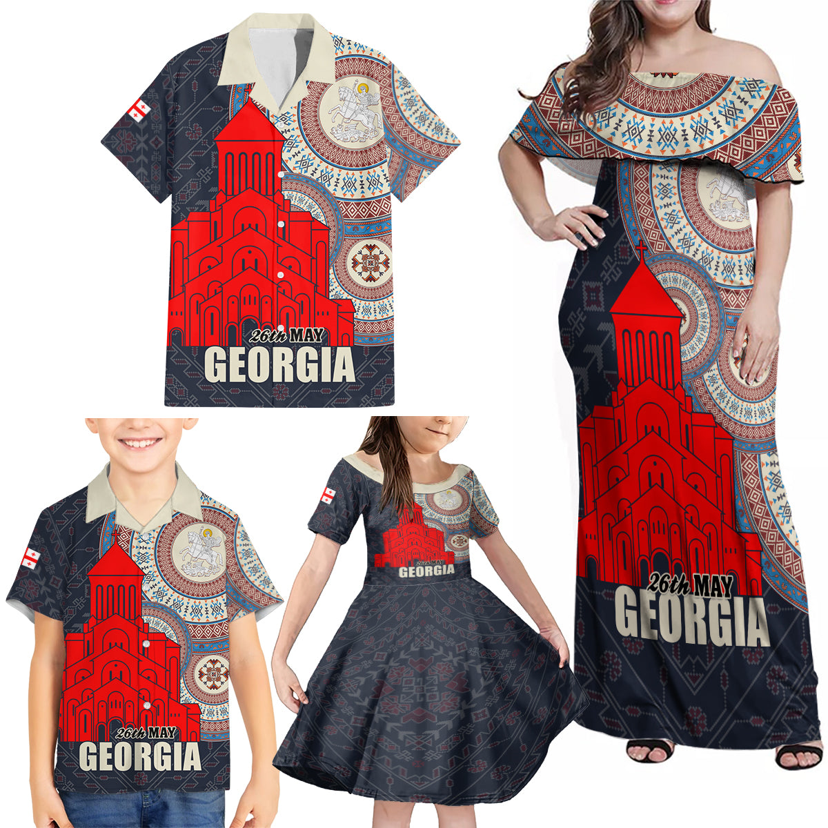 Georgia Independence Day Family Matching Off Shoulder Maxi Dress and Hawaiian Shirt Holy Trinity Cathedral of Tbilisi - Wonder Print Shop