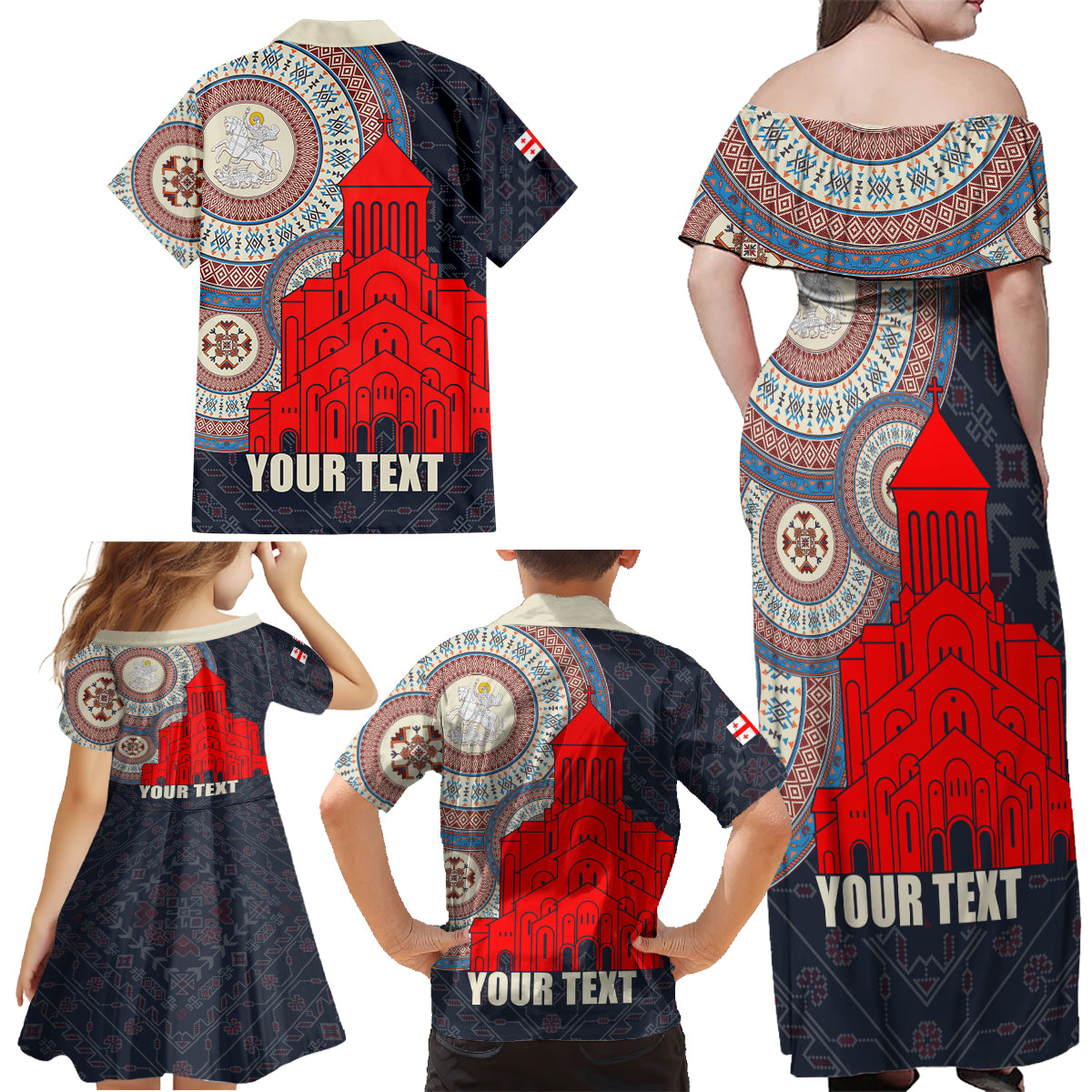 Georgia Independence Day Family Matching Off Shoulder Maxi Dress and Hawaiian Shirt Holy Trinity Cathedral of Tbilisi - Wonder Print Shop