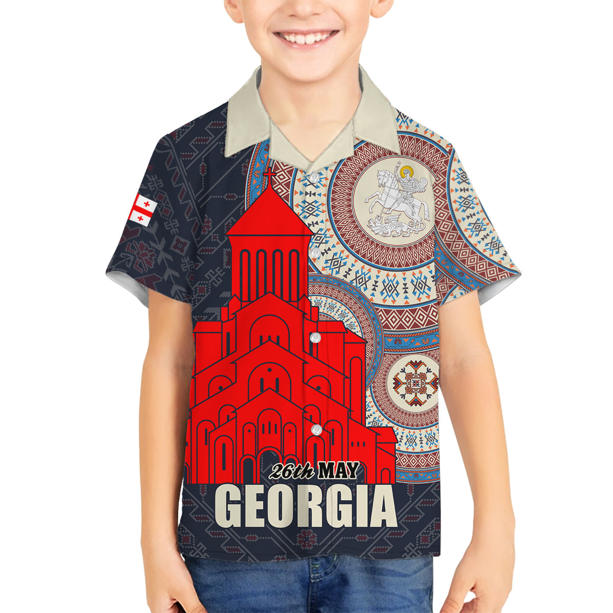 Georgia Independence Day Family Matching Off Shoulder Maxi Dress and Hawaiian Shirt Holy Trinity Cathedral of Tbilisi - Wonder Print Shop