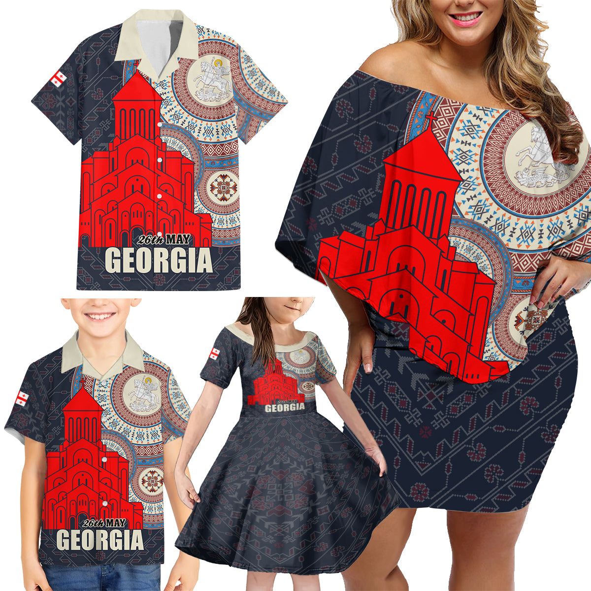 Georgia Independence Day Family Matching Off Shoulder Short Dress and Hawaiian Shirt Holy Trinity Cathedral of Tbilisi - Wonder Print Shop