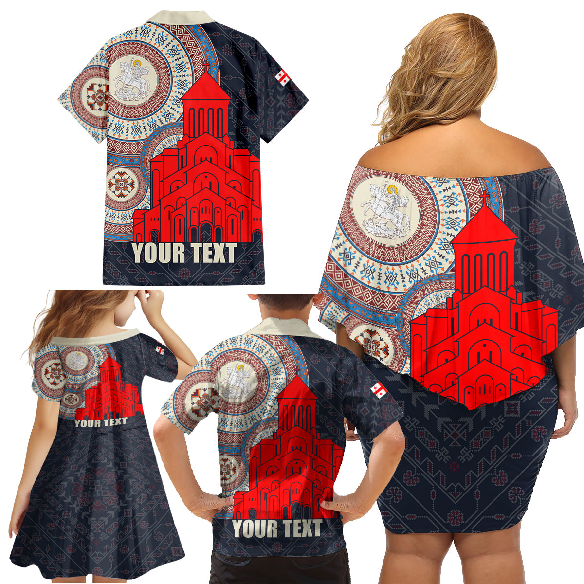 Georgia Independence Day Family Matching Off Shoulder Short Dress and Hawaiian Shirt Holy Trinity Cathedral of Tbilisi - Wonder Print Shop