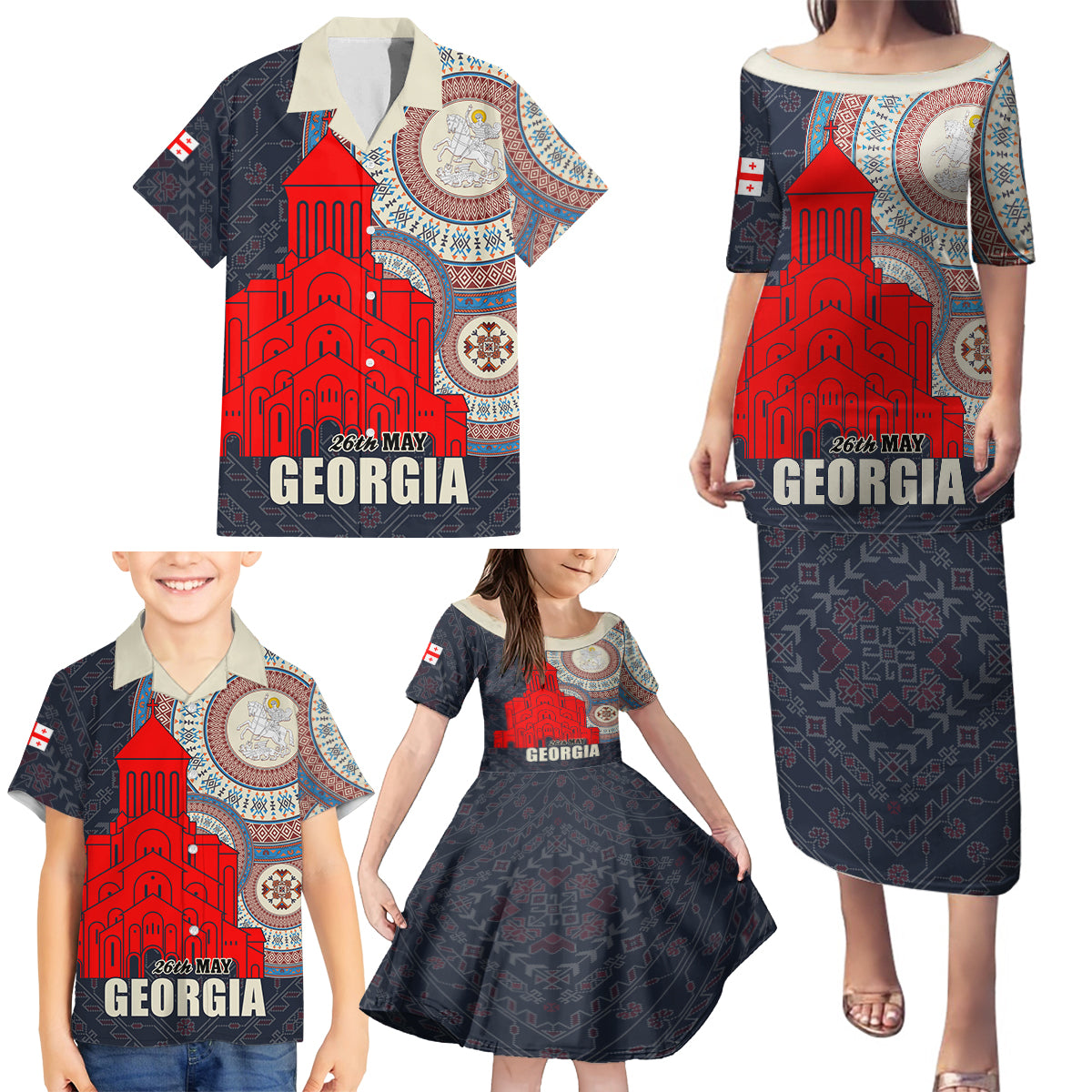 Georgia Independence Day Family Matching Puletasi and Hawaiian Shirt Holy Trinity Cathedral of Tbilisi - Wonder Print Shop