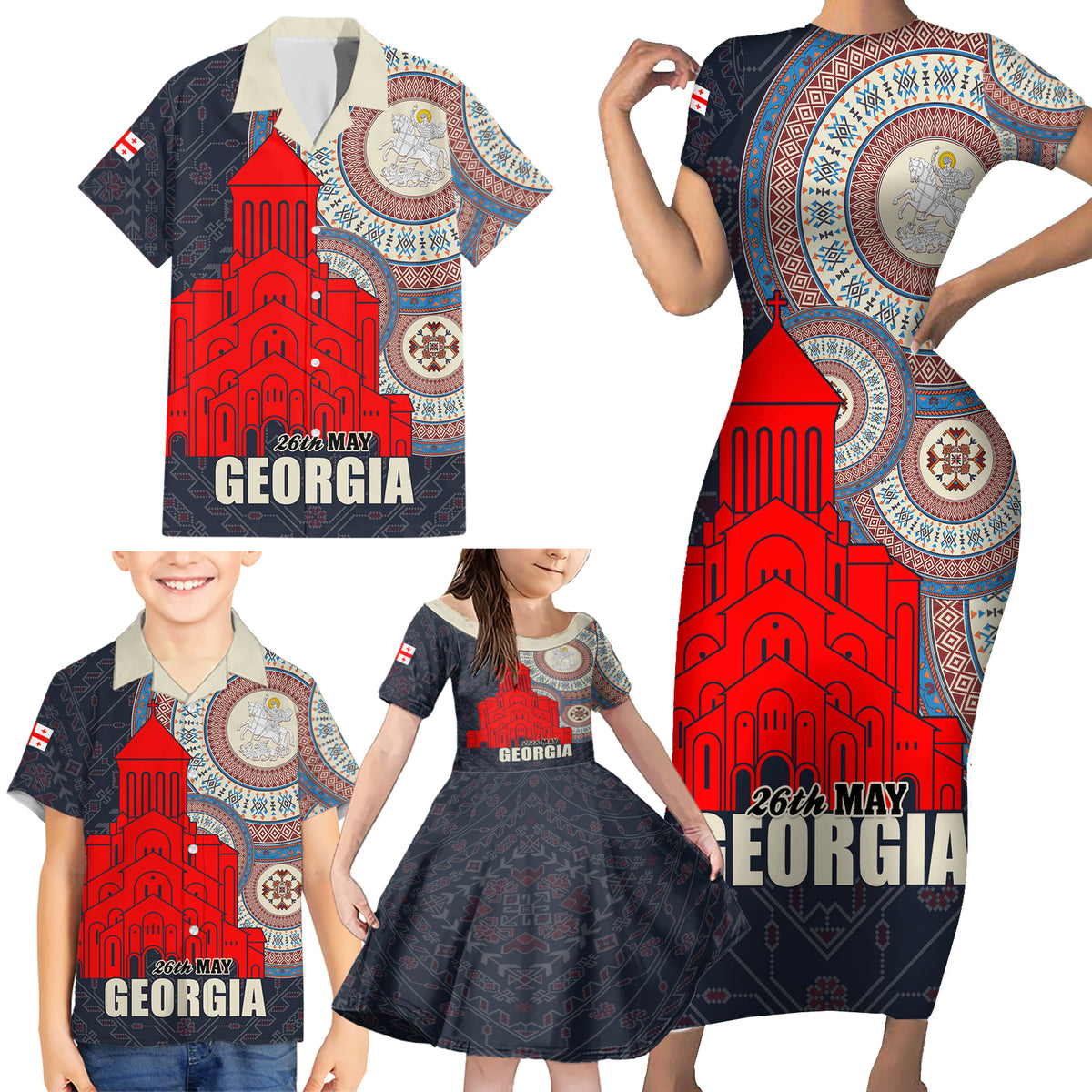 Georgia Independence Day Family Matching Short Sleeve Bodycon Dress and Hawaiian Shirt Holy Trinity Cathedral of Tbilisi - Wonder Print Shop