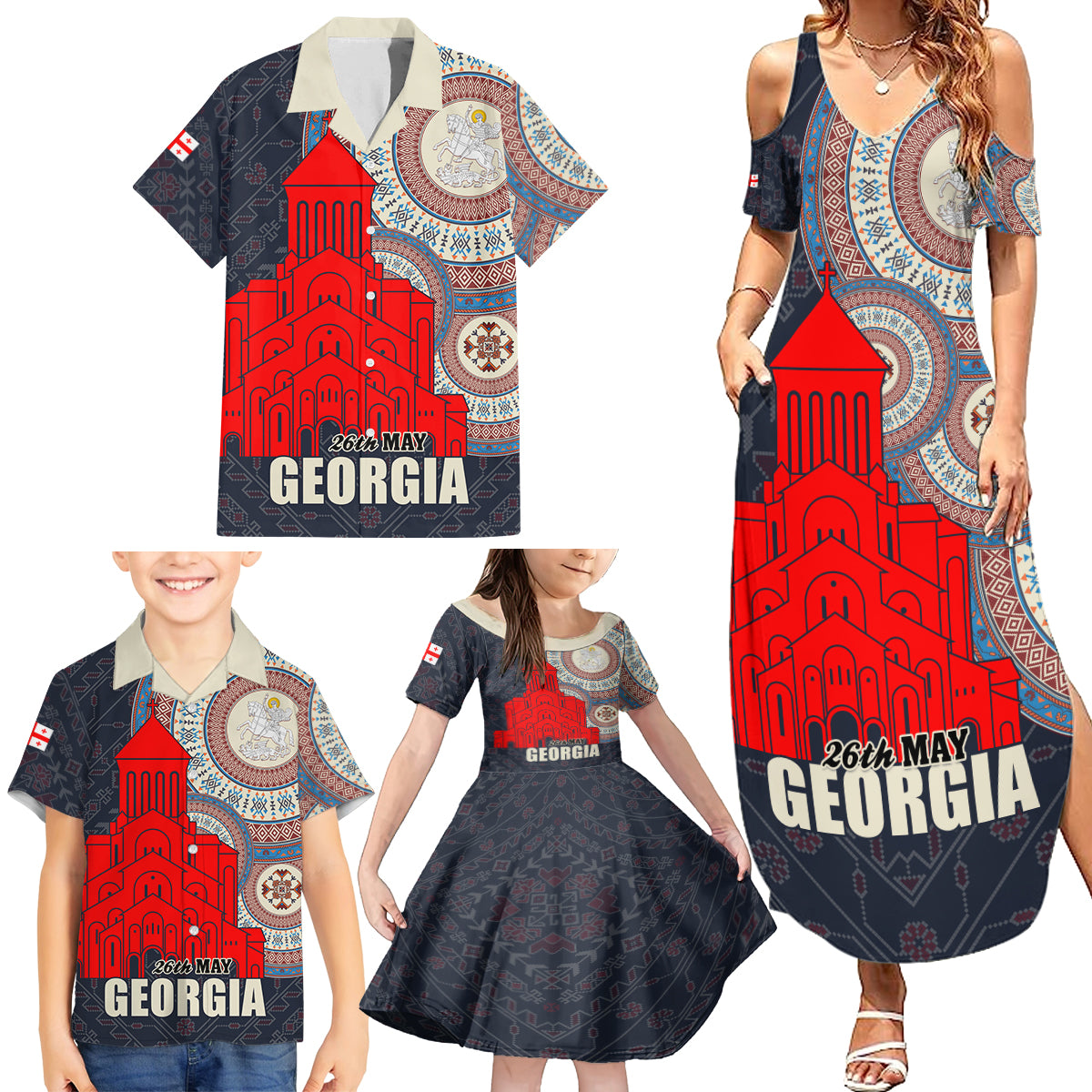 Georgia Independence Day Family Matching Summer Maxi Dress and Hawaiian Shirt Holy Trinity Cathedral of Tbilisi - Wonder Print Shop