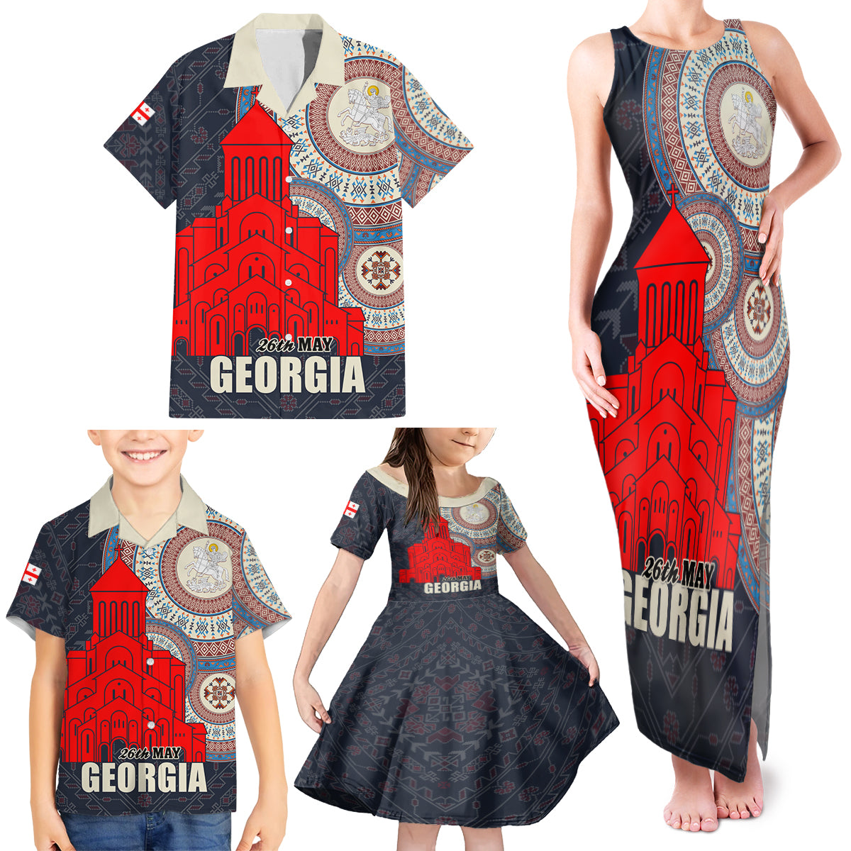Georgia Independence Day Family Matching Tank Maxi Dress and Hawaiian Shirt Holy Trinity Cathedral of Tbilisi - Wonder Print Shop