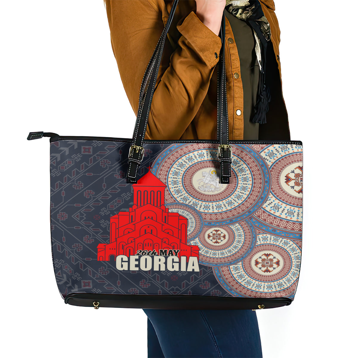 Georgia Independence Day Leather Tote Bag Holy Trinity Cathedral of Tbilisi - Wonder Print Shop