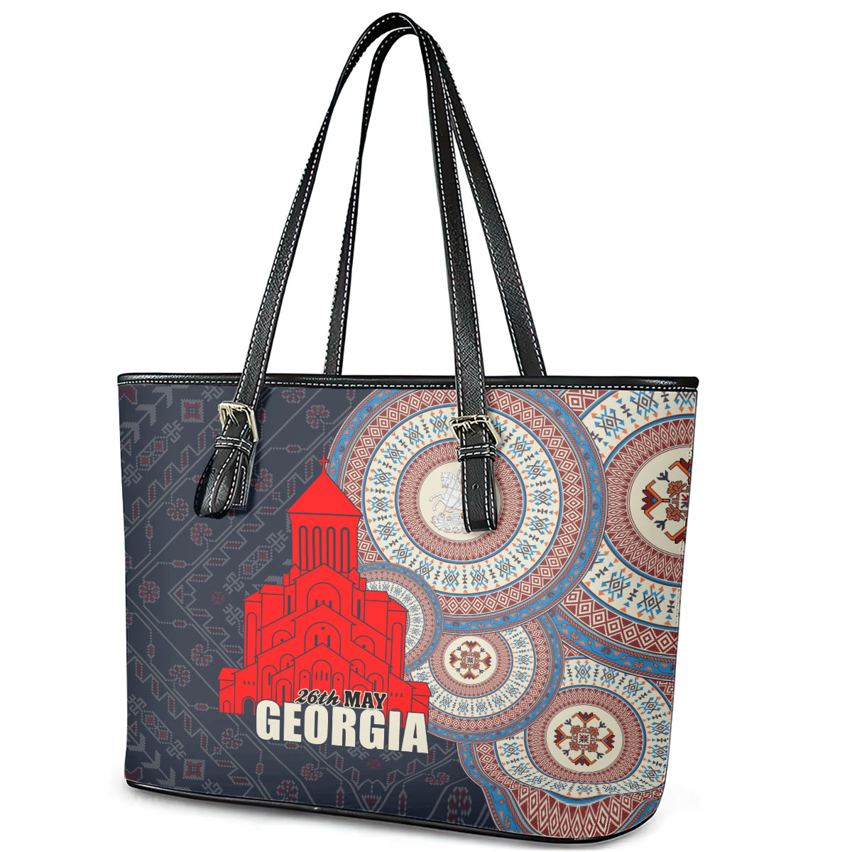 Georgia Independence Day Leather Tote Bag Holy Trinity Cathedral of Tbilisi - Wonder Print Shop