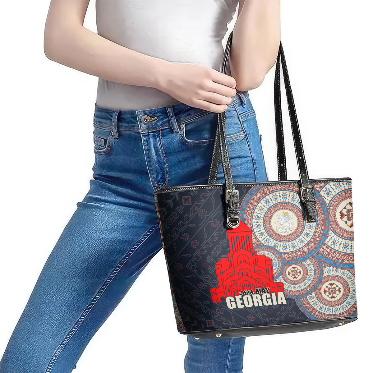 Georgia Independence Day Leather Tote Bag Holy Trinity Cathedral of Tbilisi - Wonder Print Shop