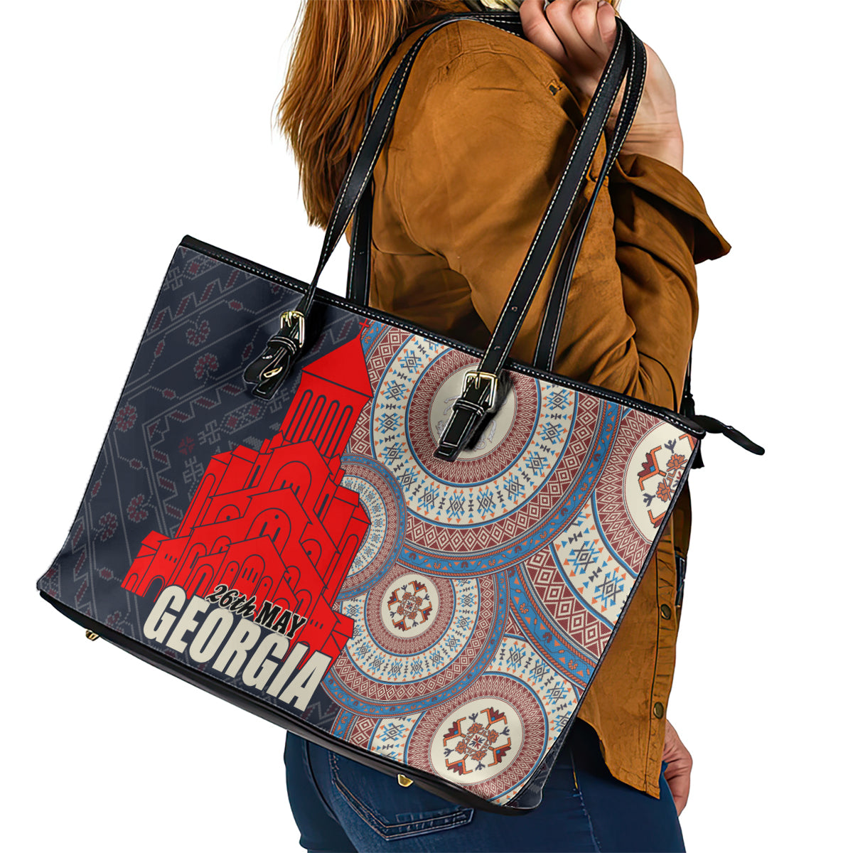 Georgia Independence Day Leather Tote Bag Holy Trinity Cathedral of Tbilisi - Wonder Print Shop