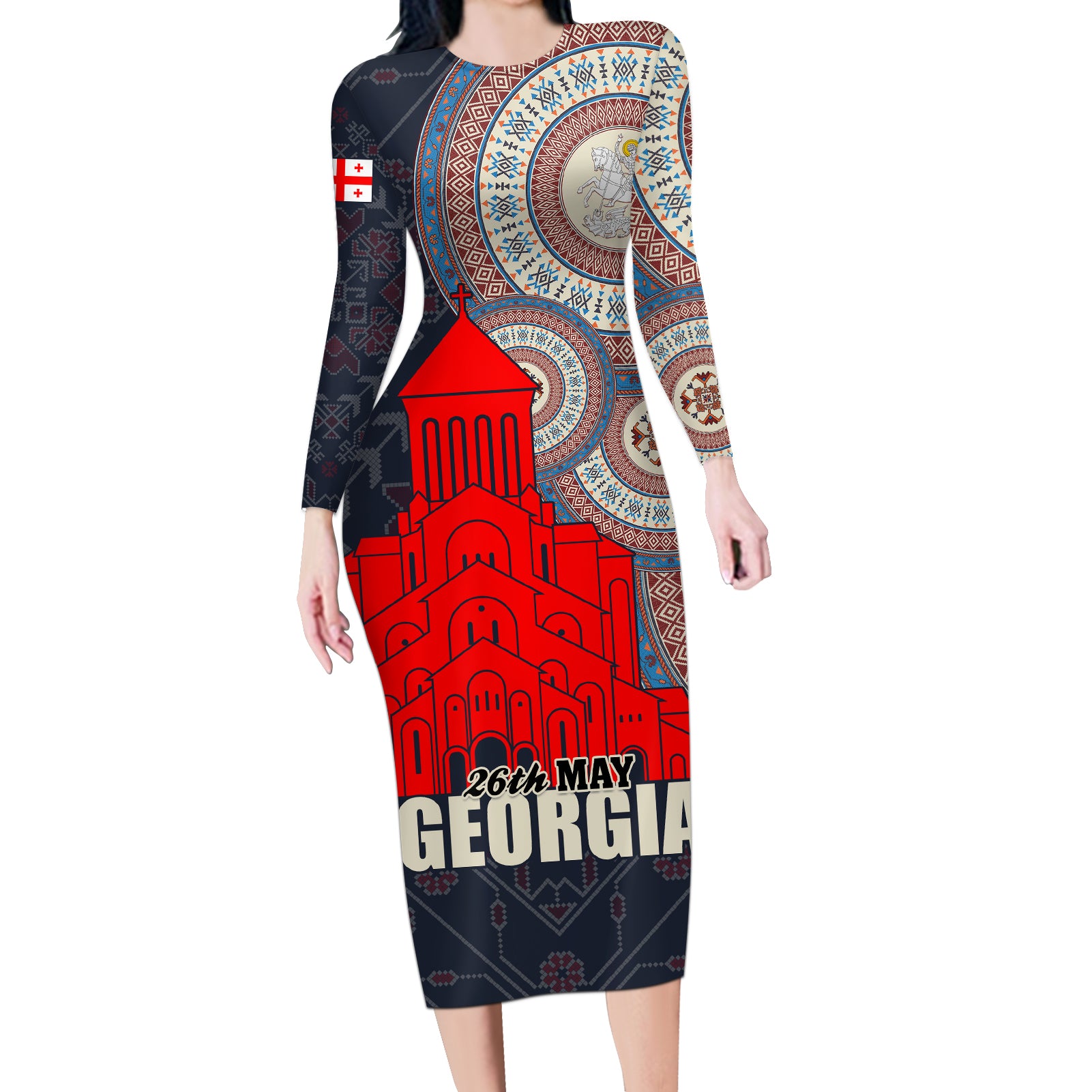 Georgia Independence Day Long Sleeve Bodycon Dress Holy Trinity Cathedral of Tbilisi - Wonder Print Shop