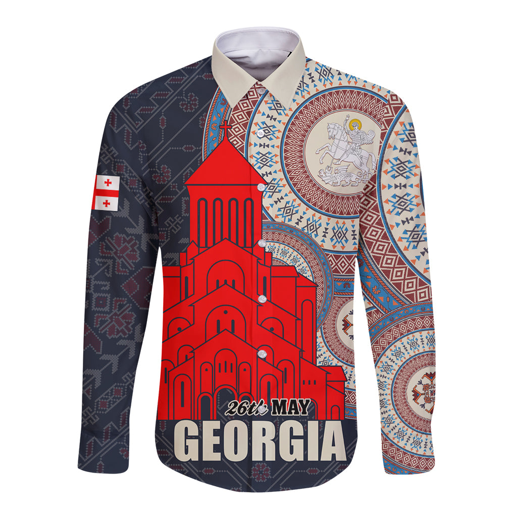 Georgia Independence Day Long Sleeve Button Shirt Holy Trinity Cathedral of Tbilisi - Wonder Print Shop