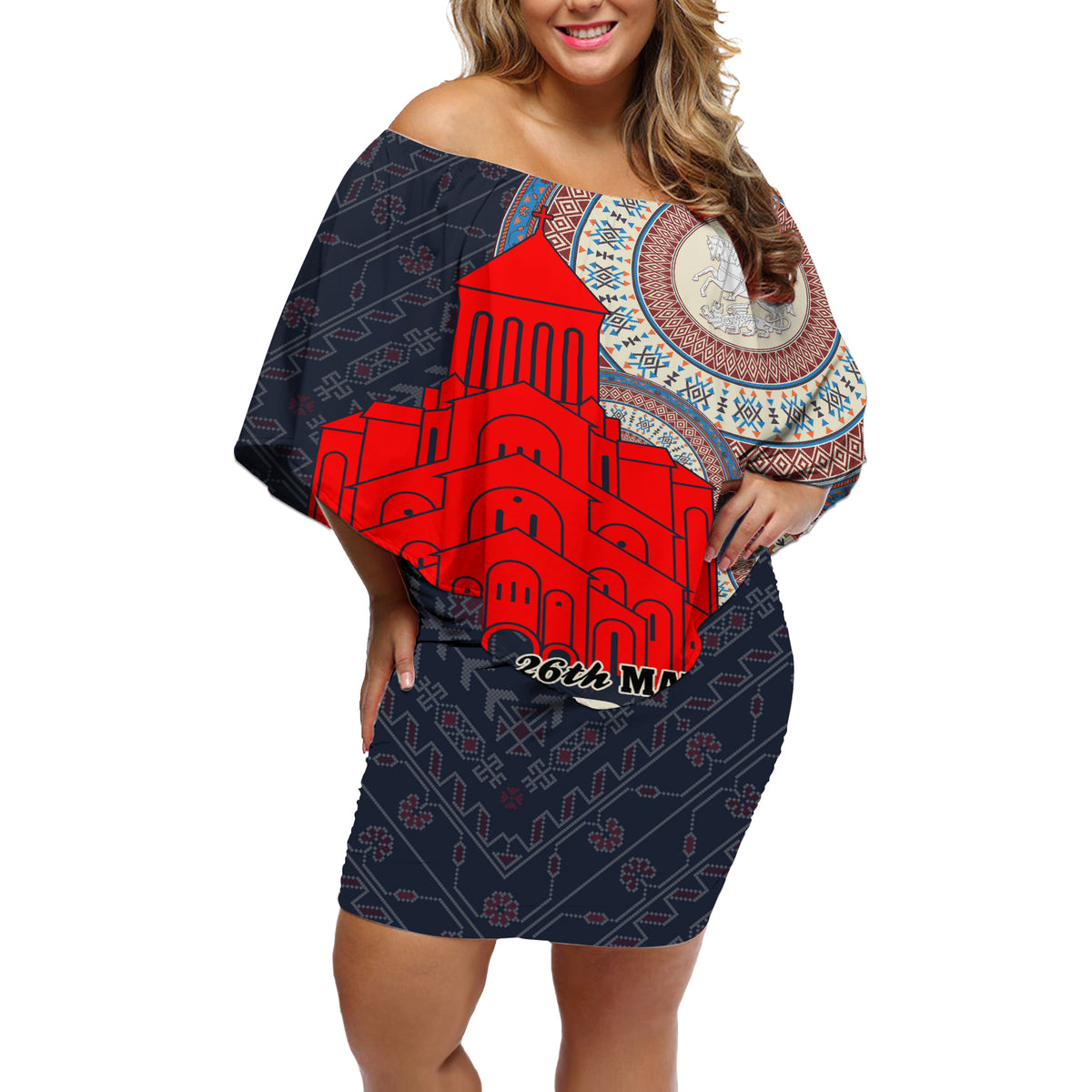 Georgia Independence Day Off Shoulder Short Dress Holy Trinity Cathedral of Tbilisi - Wonder Print Shop