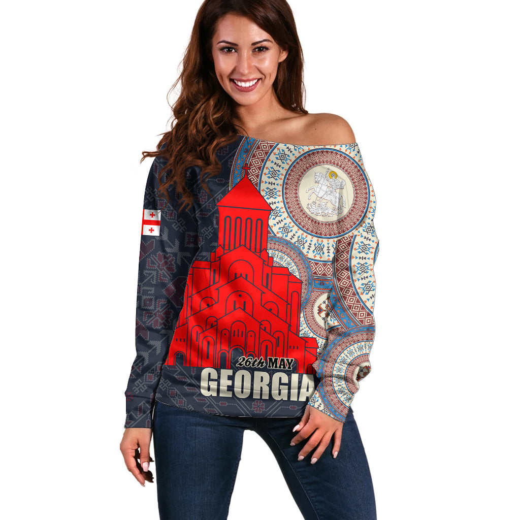Georgia Independence Day Off Shoulder Sweater Holy Trinity Cathedral of Tbilisi - Wonder Print Shop