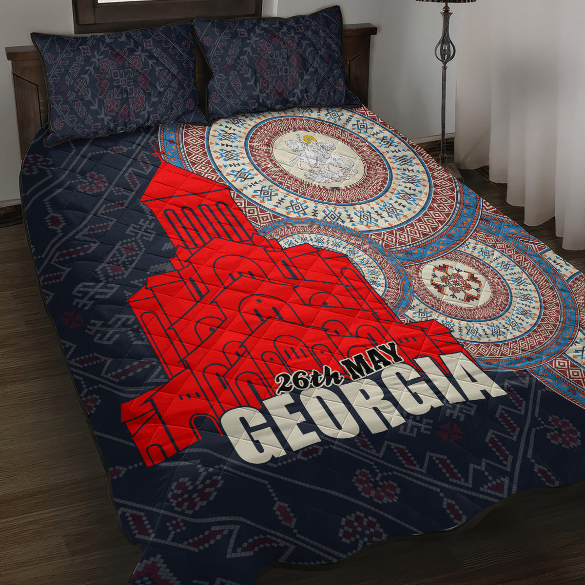 Georgia Independence Day Quilt Bed Set Holy Trinity Cathedral of Tbilisi