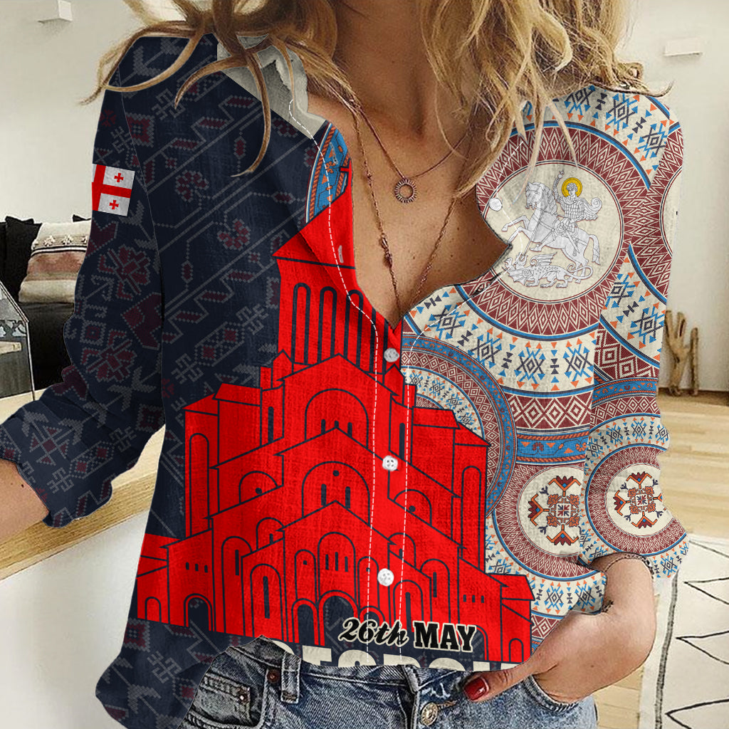 Georgia Independence Day Women Casual Shirt Holy Trinity Cathedral of Tbilisi - Wonder Print Shop