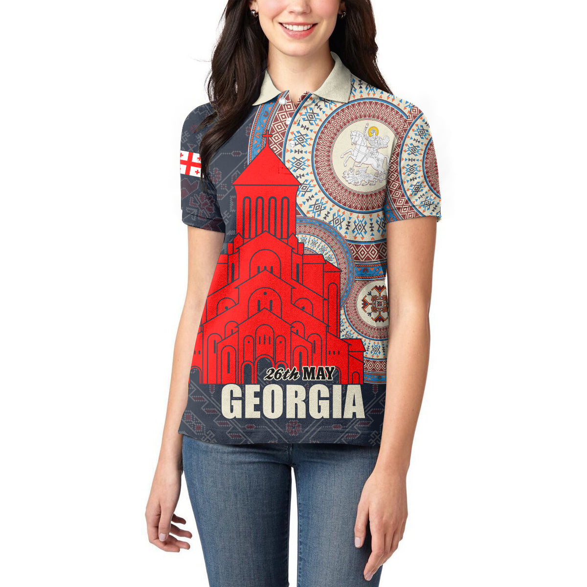 Georgia Independence Day Women Polo Shirt Holy Trinity Cathedral of Tbilisi - Wonder Print Shop