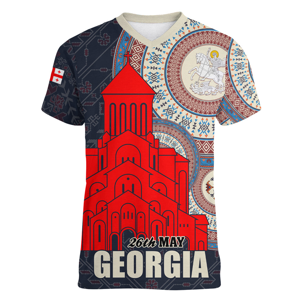 Georgia Independence Day Women V-Neck T-Shirt Holy Trinity Cathedral of Tbilisi - Wonder Print Shop