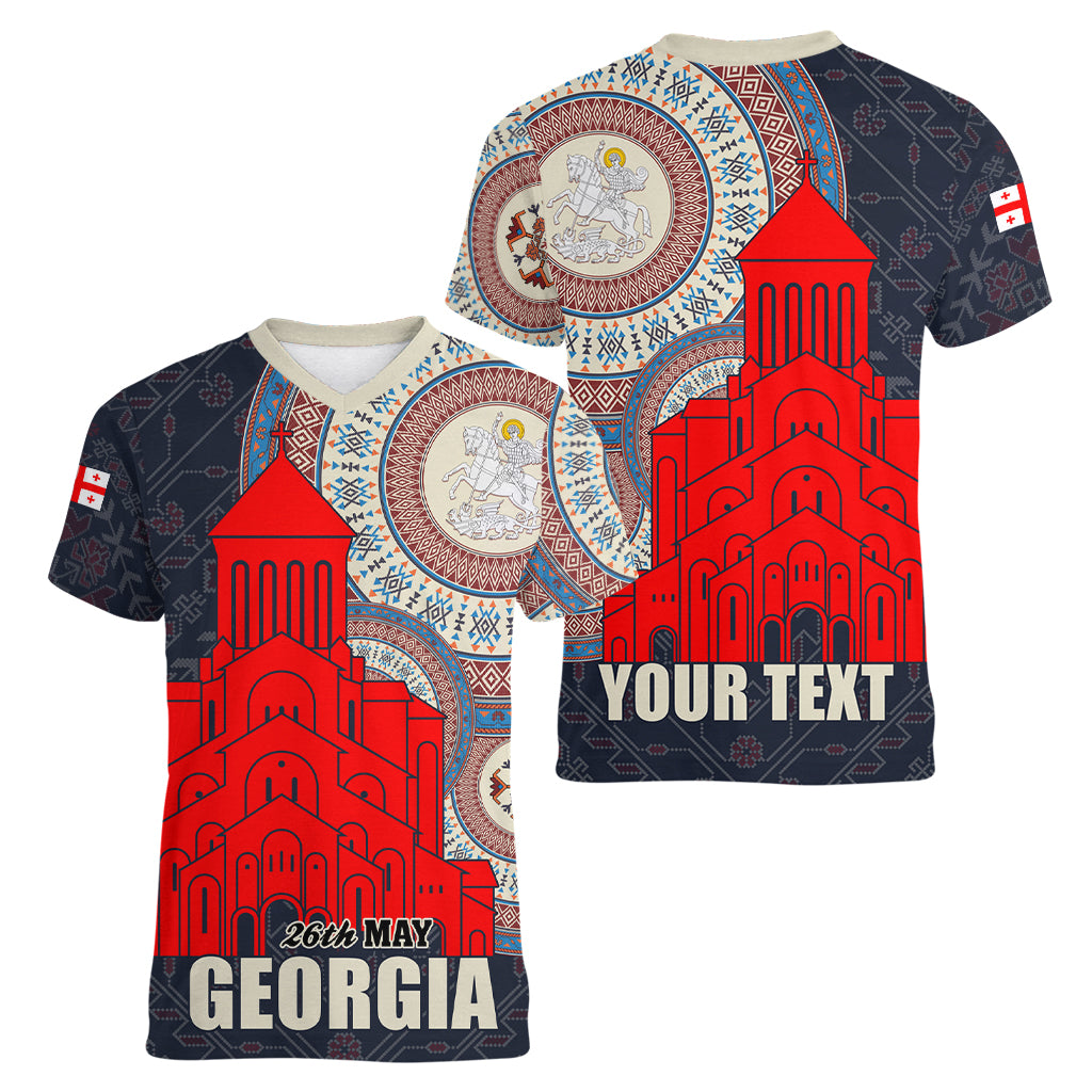Georgia Independence Day Women V-Neck T-Shirt Holy Trinity Cathedral of Tbilisi - Wonder Print Shop