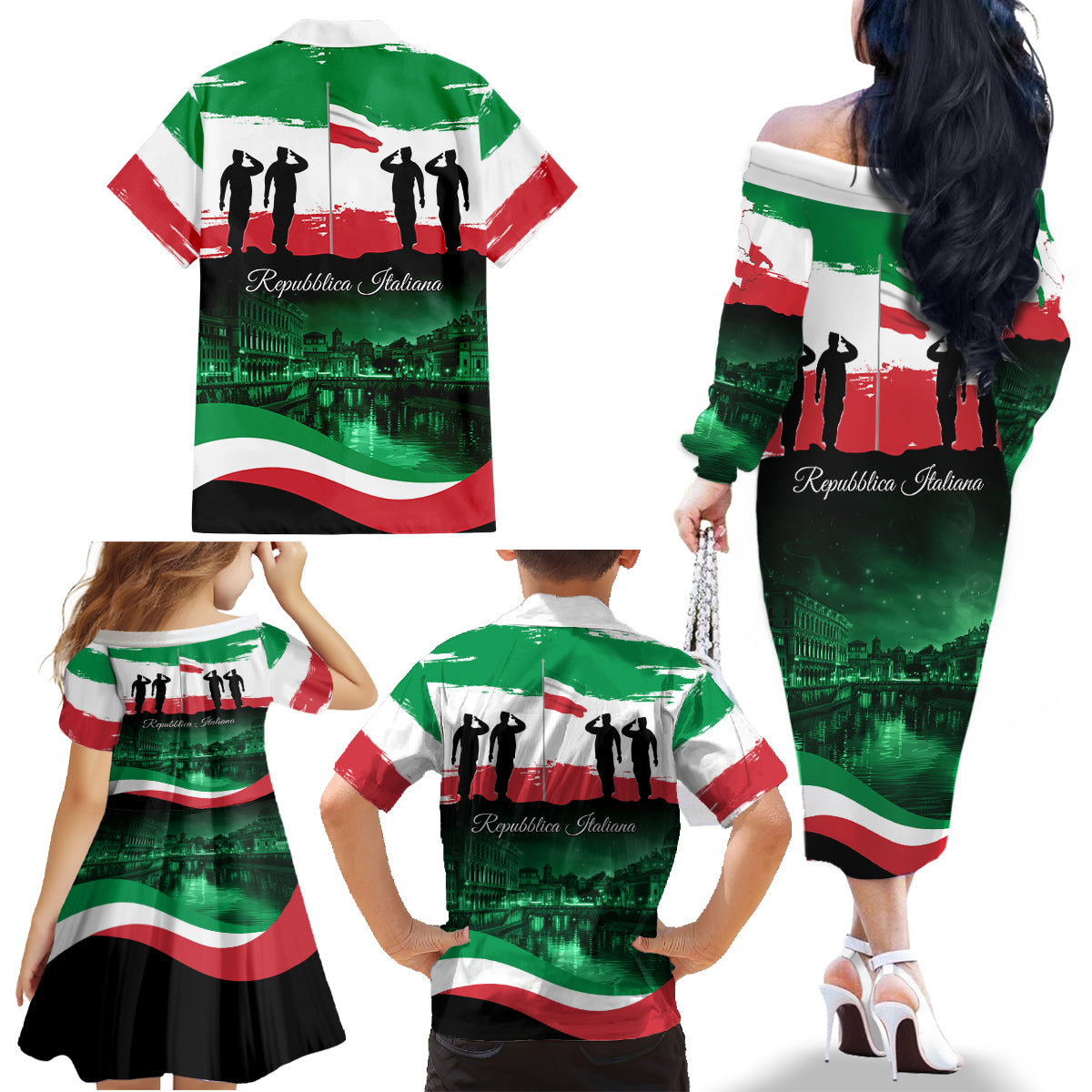 Italy Republic Day Family Matching Off The Shoulder Long Sleeve Dress and Hawaiian Shirt Festa della Repubblica - Wonder Print Shop