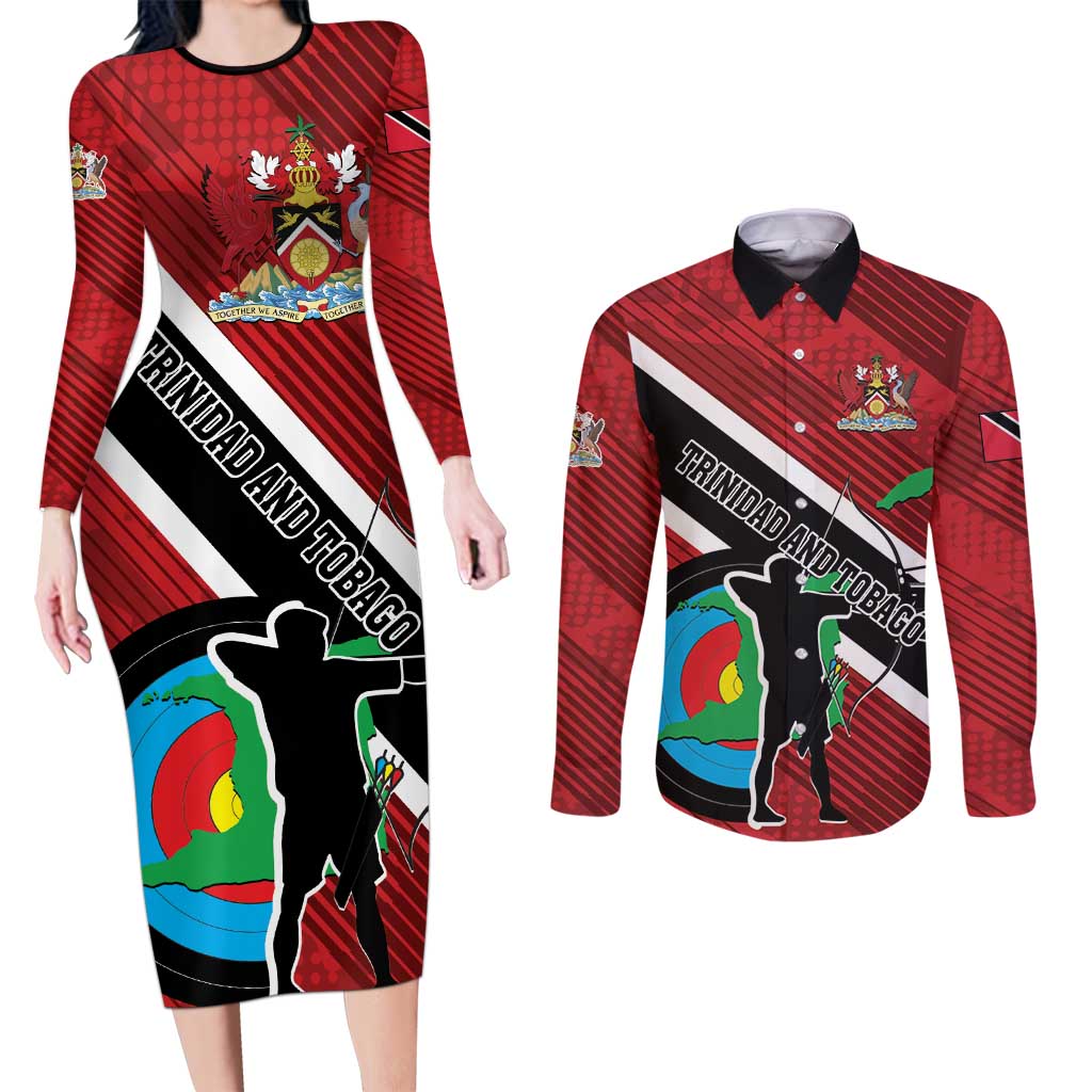 Personalized Trinidad and Tobago Archery Couples Matching Long Sleeve Bodycon Dress and Long Sleeve Button Shirt Archery On The Move