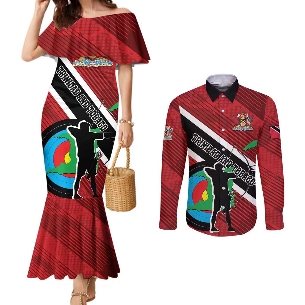 Personalized Trinidad and Tobago Archery Couples Matching Mermaid Dress and Long Sleeve Button Shirt Archery On The Move